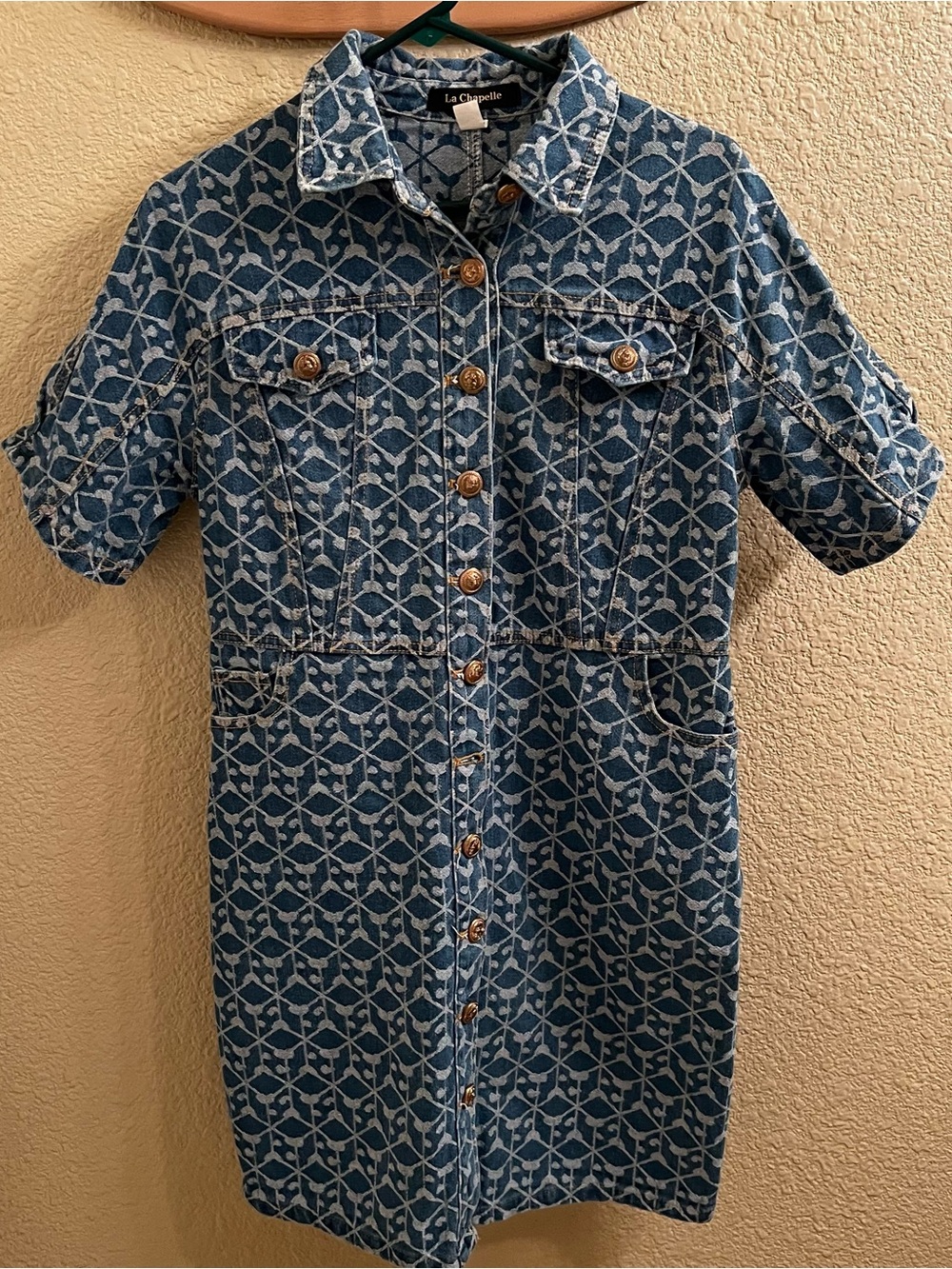La Chapelle XL Blue Patterned Denim Shirt Dress